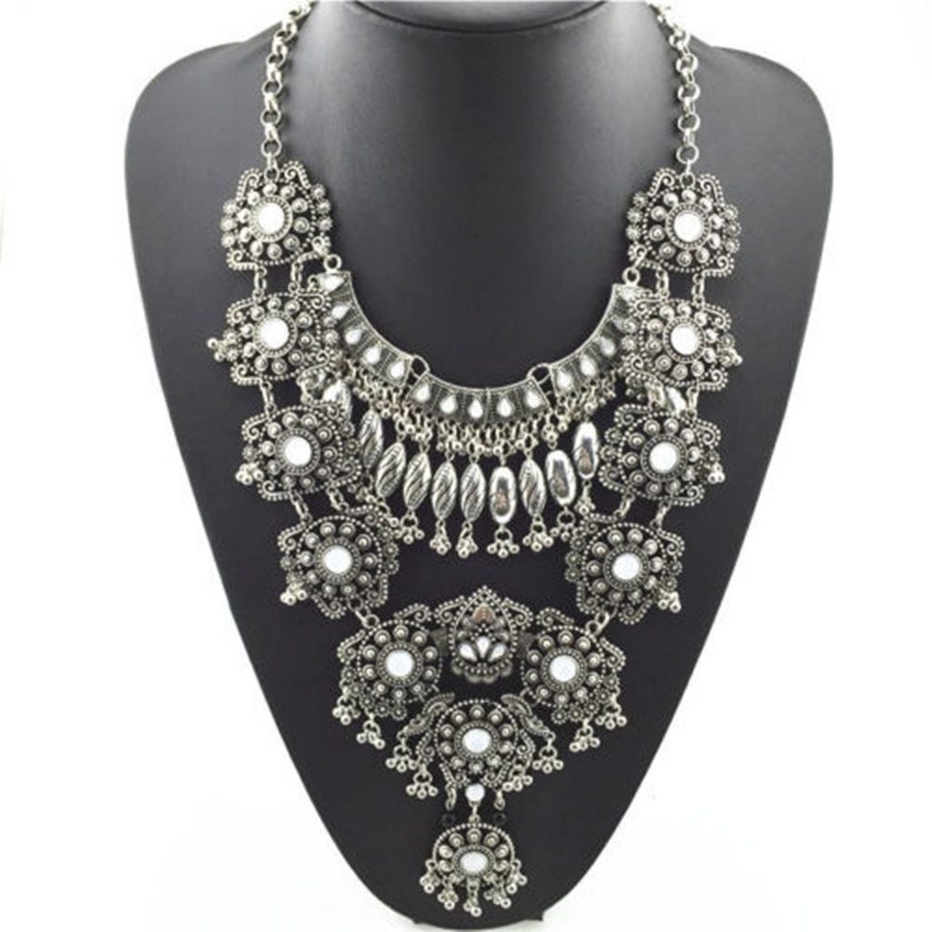 Pinbo Women Vintage Design Silver Long Boho Statement Necklace
